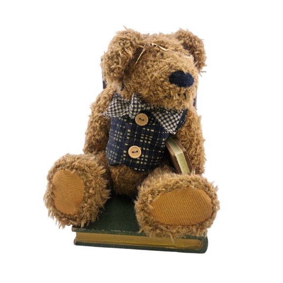 VTG Teddy Bear Bookends Plush Nursery Cottagecore Decor Wooden Base Boyds - Picture 6 of 11